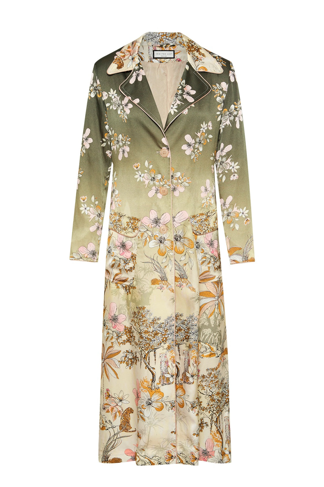 SEM PER LEI SS25 Satinmantel mit olivem Blumenprint