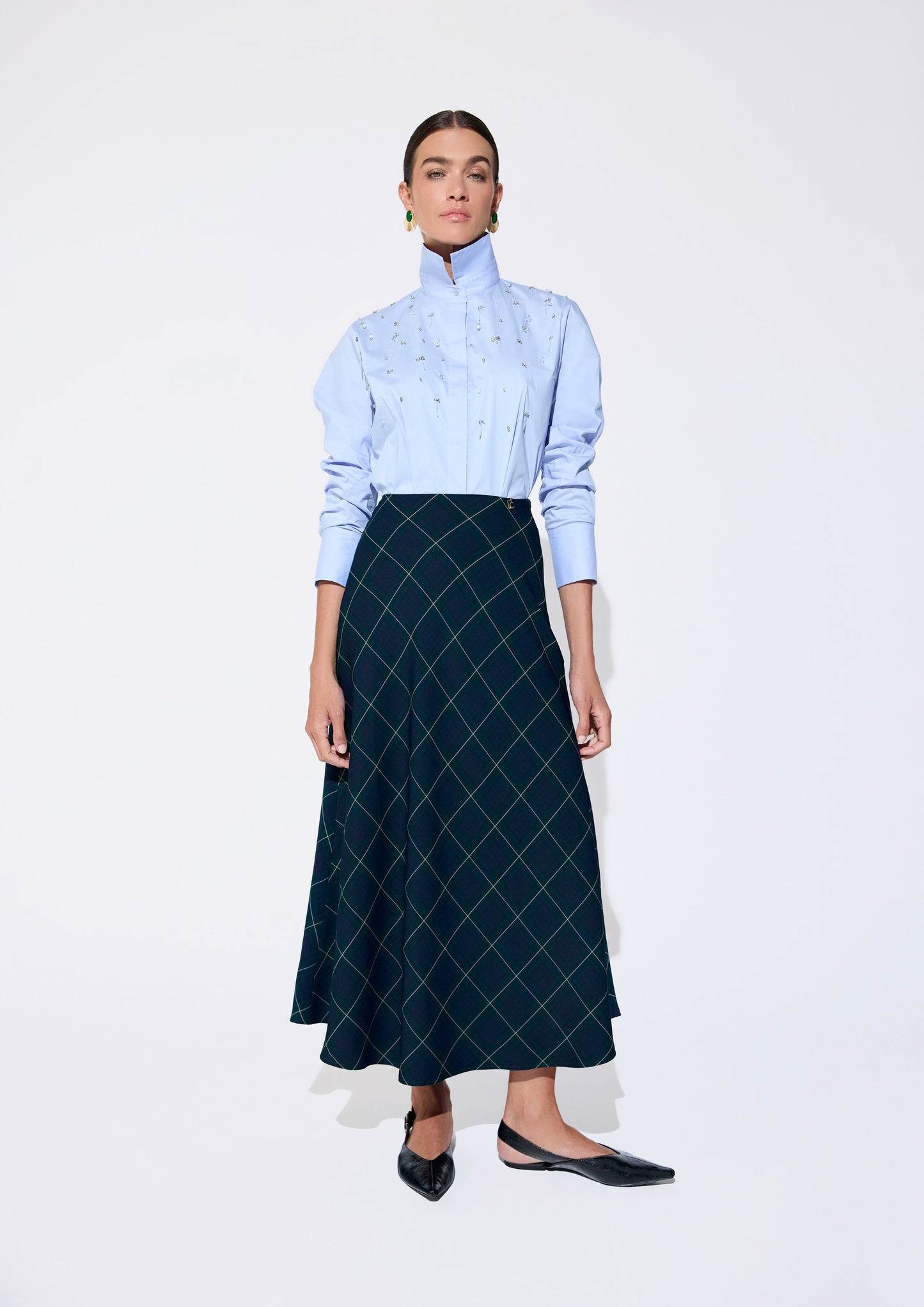 Lola Casademunt Langer Midirock Schrägkaro Blau-Grün