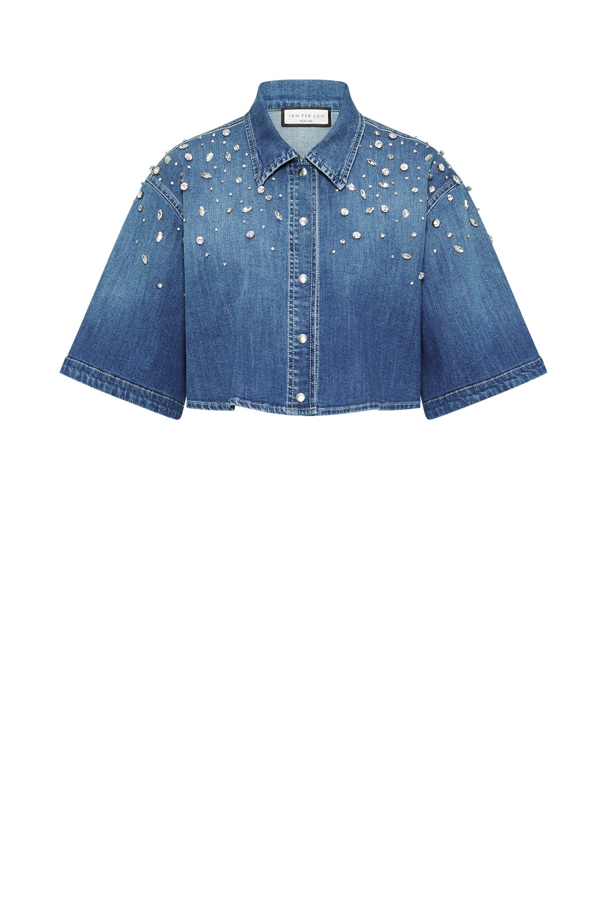 SEM PER LEI SS25 Jeansbluse mit Strasssteinen