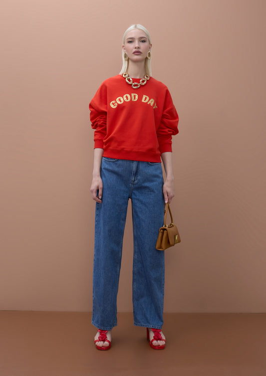 Lola Casademunt Crew Neck Fleece Sweatshirt with 'Good Day' Text