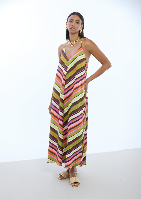 Lola Casademunt Satin Strappy Dress with Multicolor Stripes