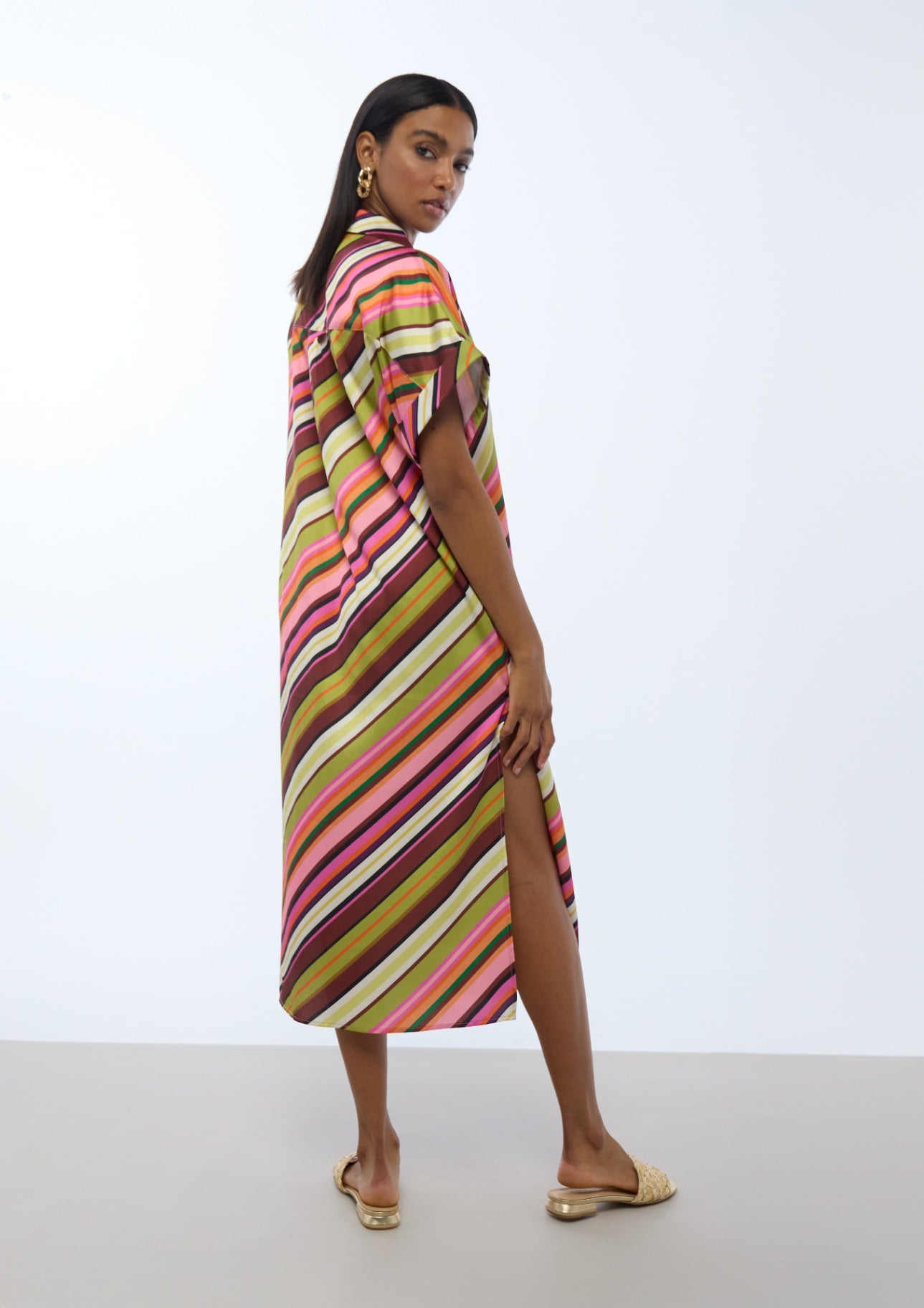 Lola Casademunt Satin-Hemdblusenkleid mit Multistreifen - Ecru-Mehrfarbig