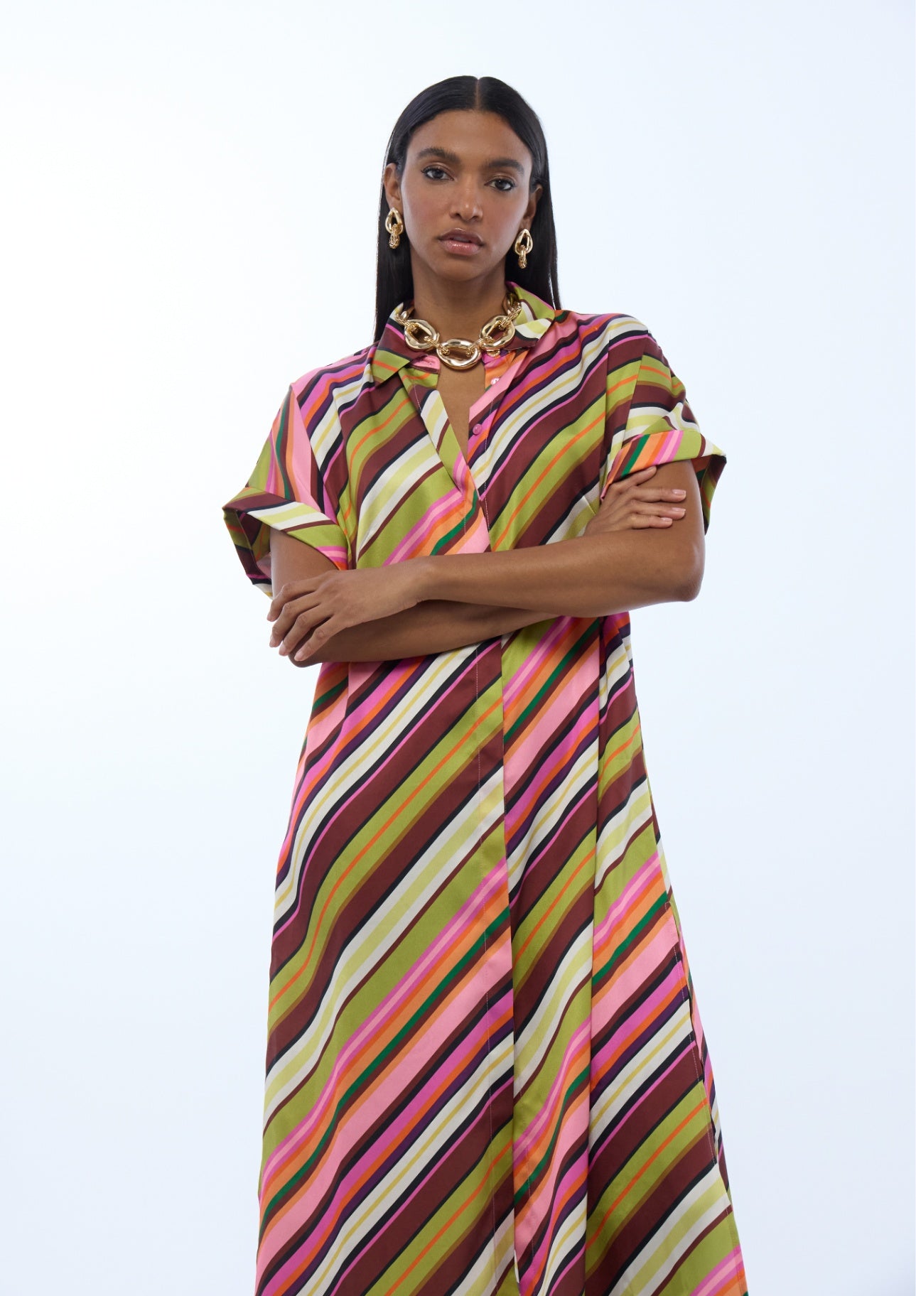 Lola Casademunt Satin-Hemdblusenkleid mit Multistreifen - Ecru-Mehrfarbig