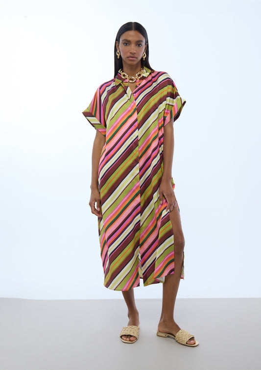 Lola Casademunt Satin-Hemdblusenkleid mit Multistreifen - Ecru-Mehrfarbig
