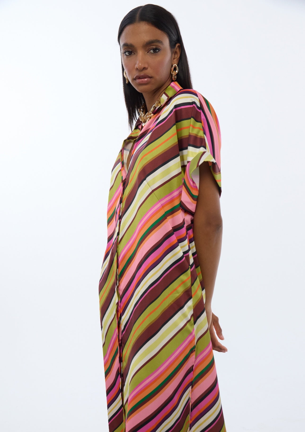 Lola Casademunt Satin-Hemdblusenkleid mit Multistreifen - Ecru-Mehrfarbig