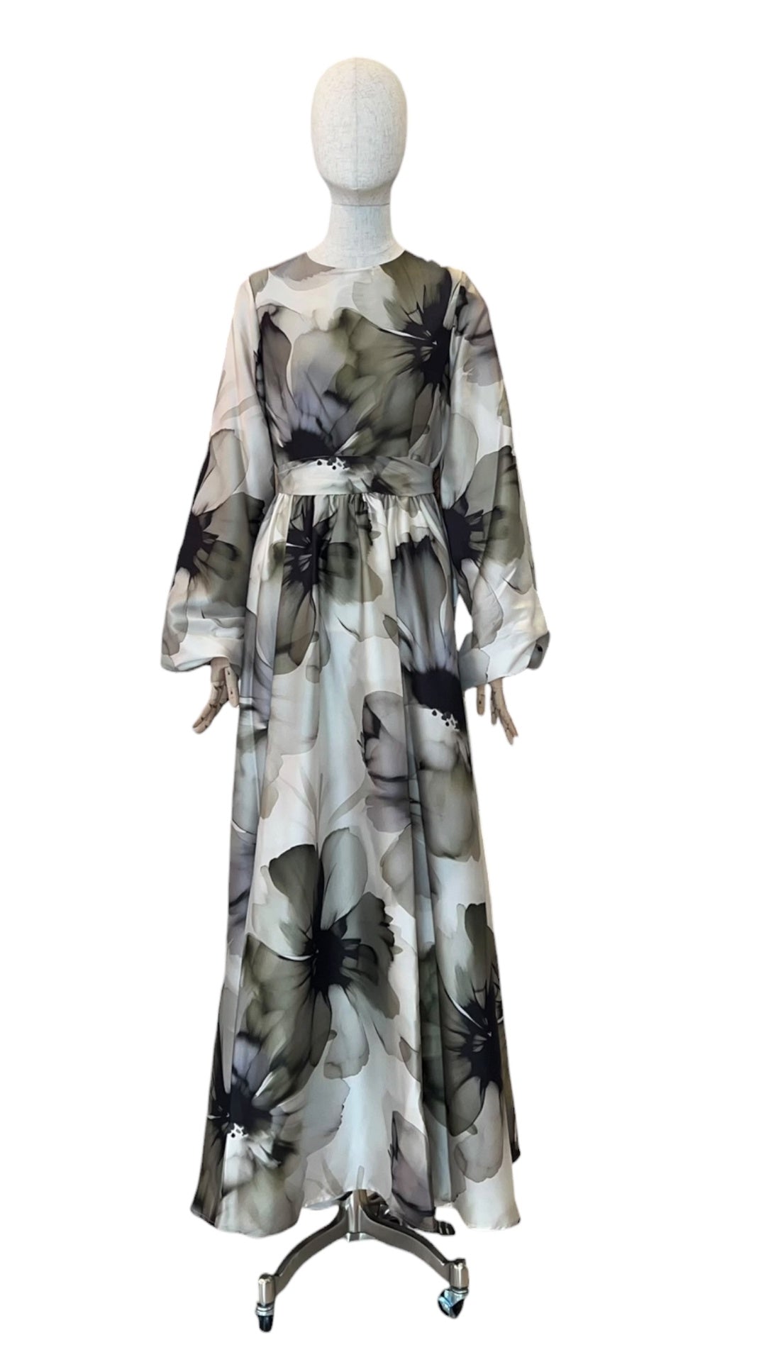 Giovanna Nicolai Maxidress mit Tulpenärmel und Bindegürtel Grün N117