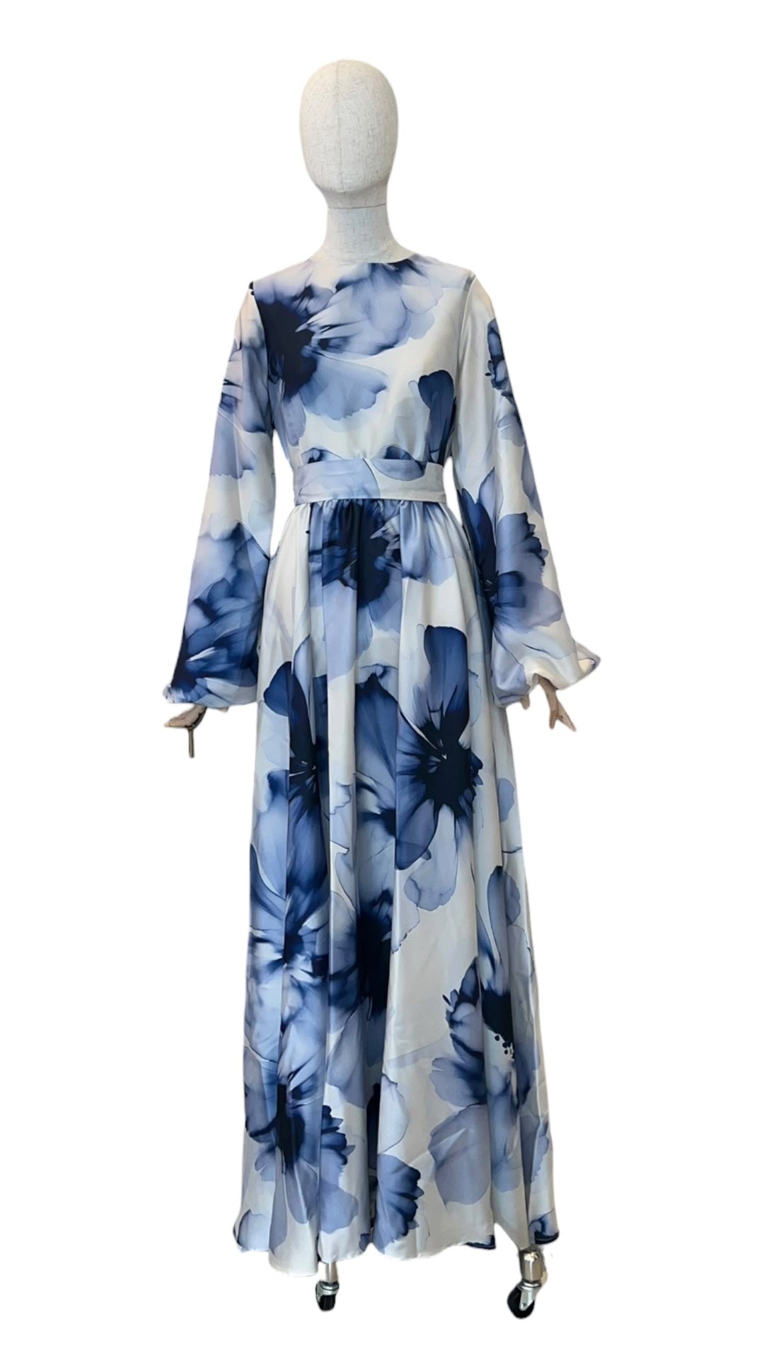 Giovanna Nicolai Maxidress mit Tulpenärmel und Bindegürtel Blau N117