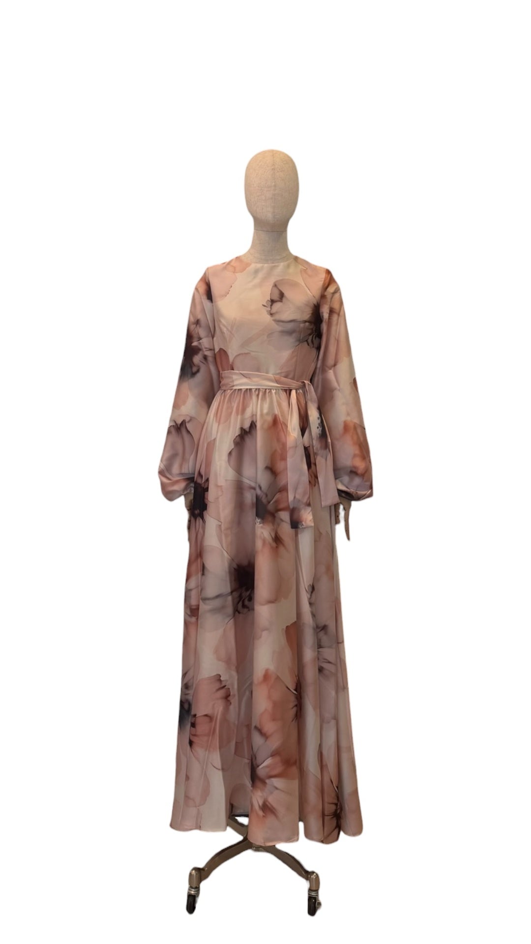 Giovanna Nicolai Maxidress mit Tulpenärmel und Bindegürtel Beige N117