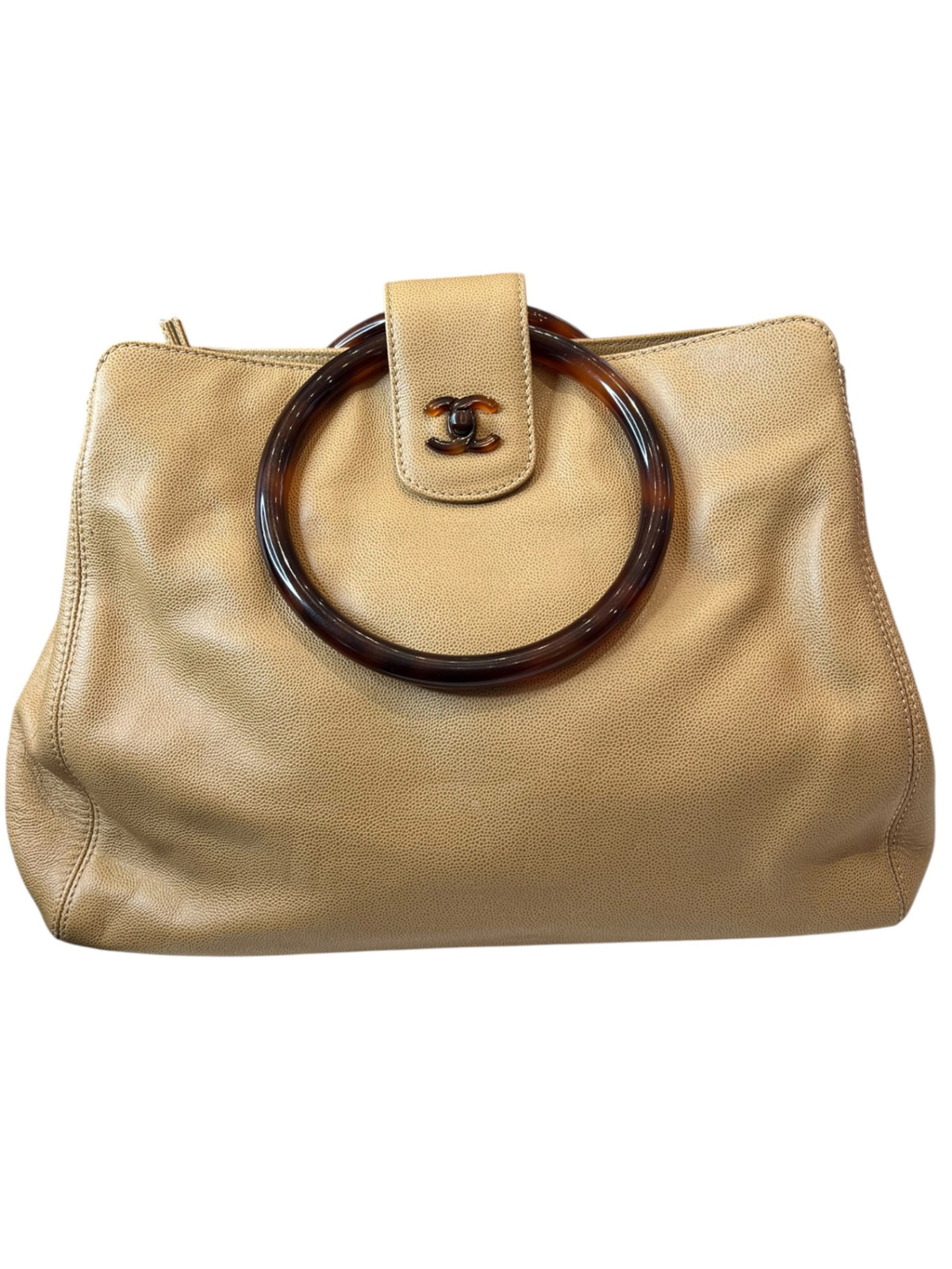 Pre-Loved Vintage Chanel Caviar-Tasche mit Schildpatt-Ringhenkel Camel