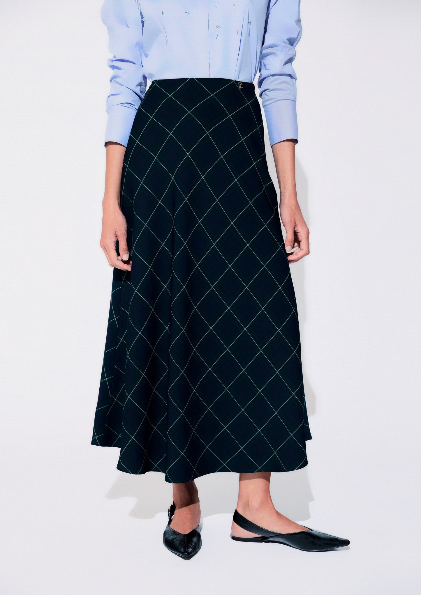 Lola Casademunt Langer Midirock Schrägkaro Blau-Grün
