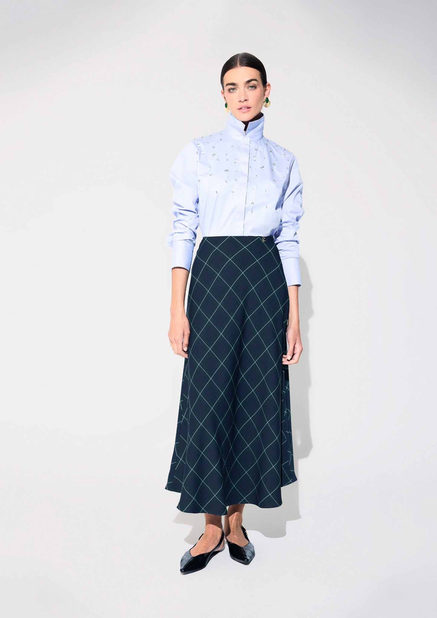 Lola Casademunt Langer Midirock Schrägkaro Blau-Grün